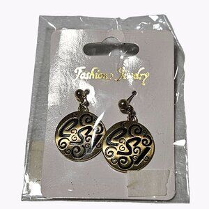 Round Gold Tone CSI Drop Dangle Earrings Post Back Pierced Ears Costume Jewelry